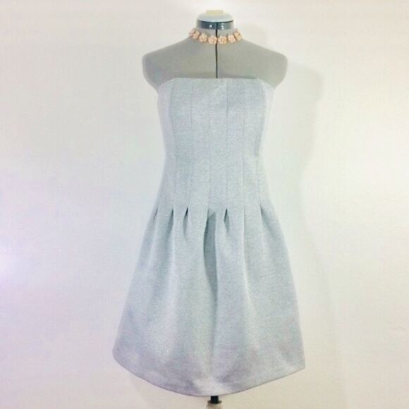 FRNCH Boutique Gray Structured Scuba Strapless Pleated A Line Dress- NEW - Picture 1 of 8